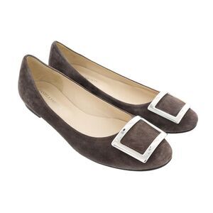 Daniela Fargion Brown/Silver Suede Square Buckle Flat Ballerina Shoes-